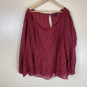 Torrid 3X Blouse Top Lace Long Sleeve Red Sweetheart Neck Floral Peplum Boho